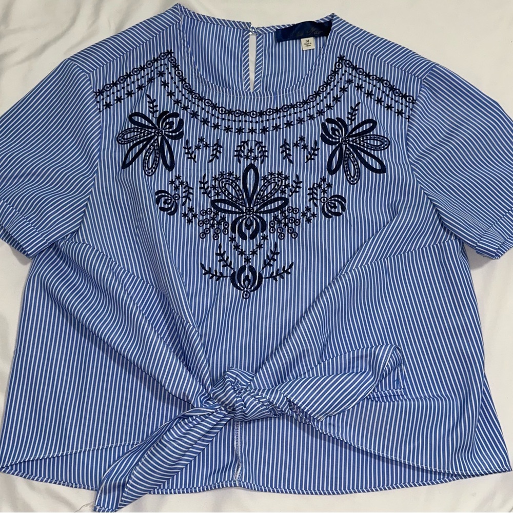 Blue Striped Embroidered Women's Top